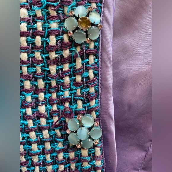 Boston Proper 100% Silk Tweed Jacket Womens 6 Blue Purple Broach cap sleeves - Picture 7 of 7